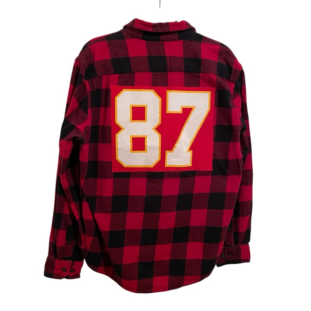 87 Kelce Kansas City Chiefs Red and Black Plaid Flannel Button Front Shirt L